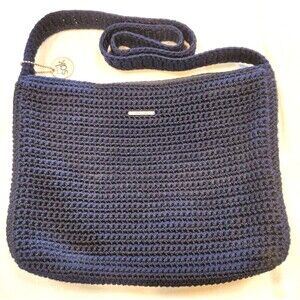 THE SAK Crocheted Shoulder Purse Handbag Small Rectangle Bag Boho Navy, Zipper‎